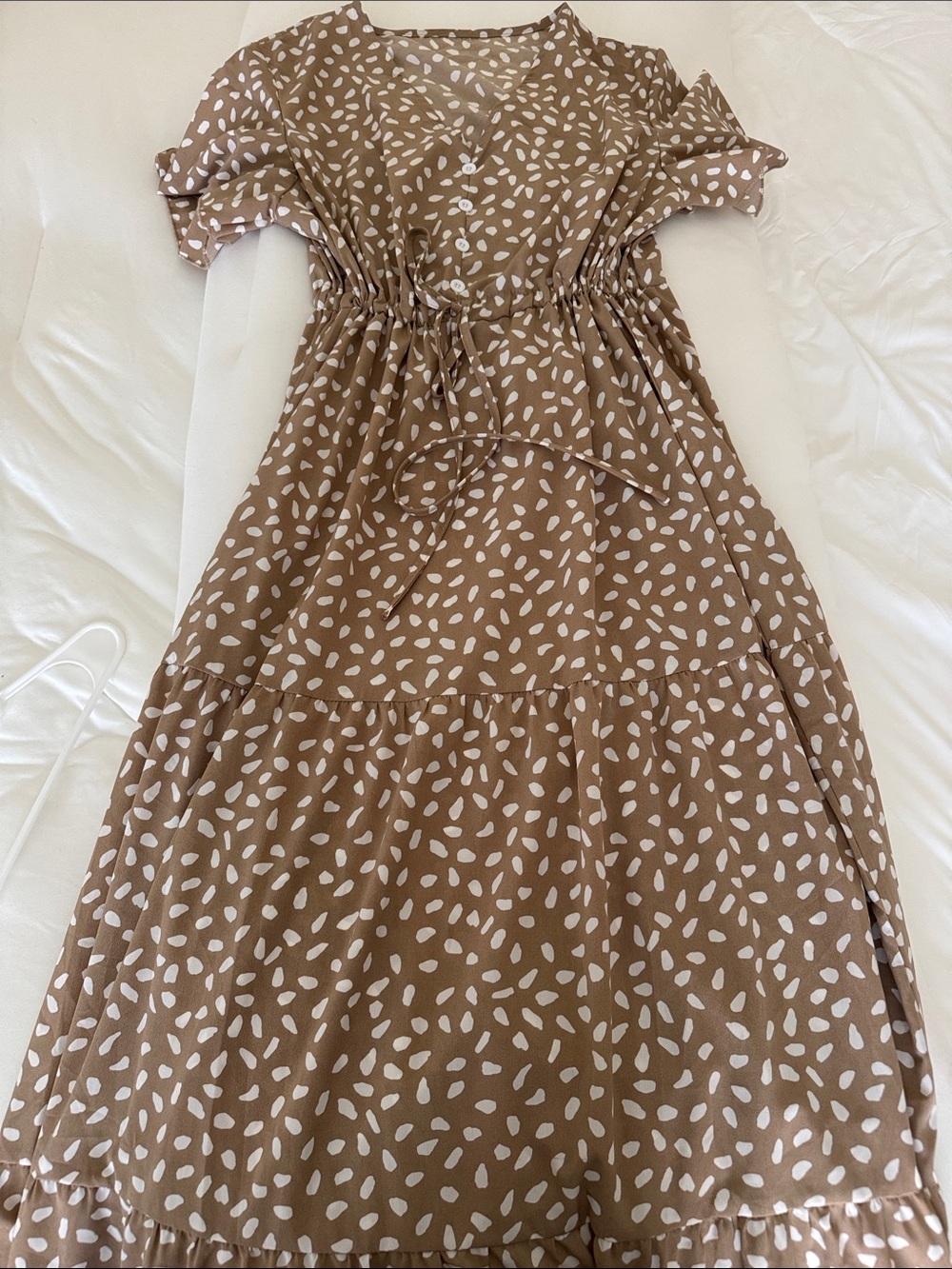 Women’s Brown Polka Dot Tiered Drawstring Dress